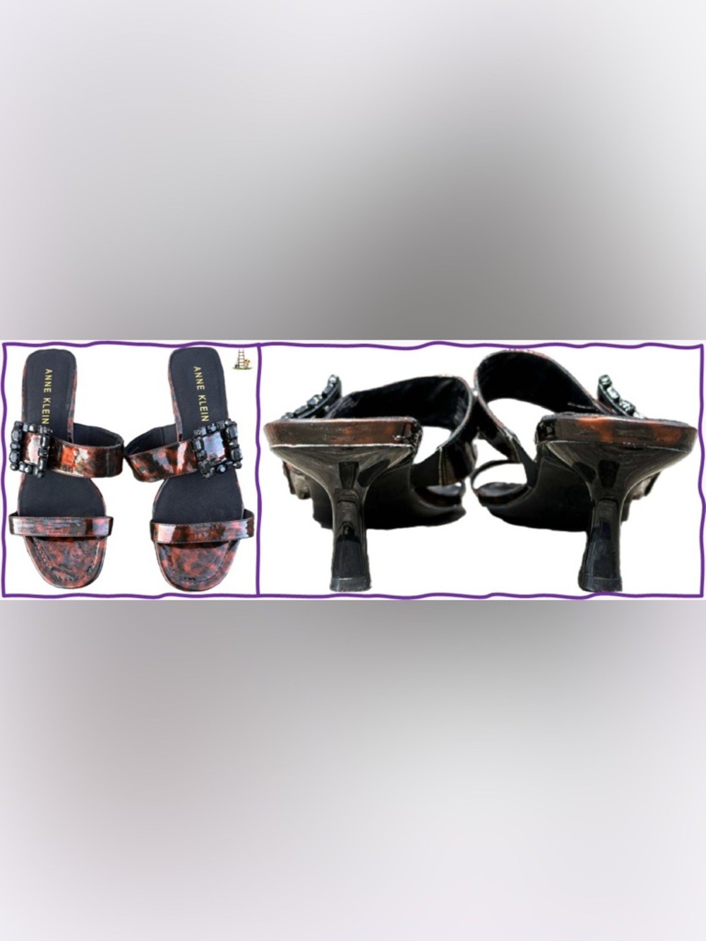 Anne Klein jeweled buckle slide sandals Tortoiseshell